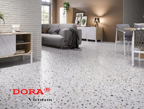 gạch terrazzo 600x600 lát nền không gian bếp và nhà tắm căn hộ chung cư